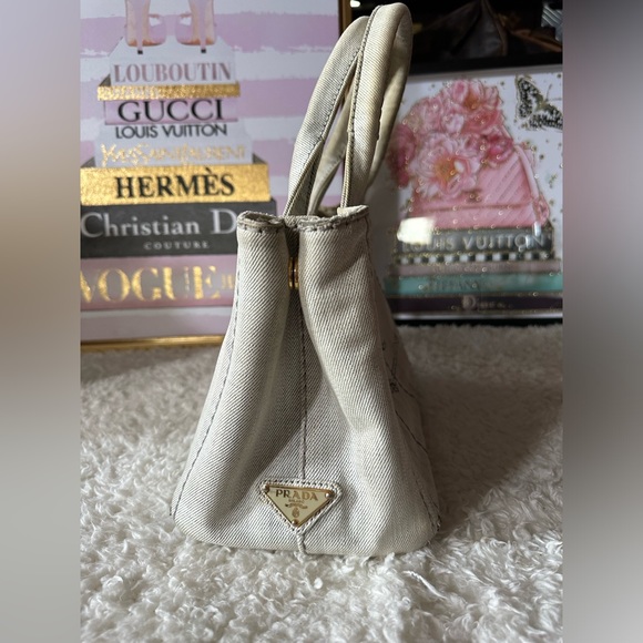 Vintage Prada Small Canapa Denim Logo Tote in Bianco Grey/white - Picture 5 of 16